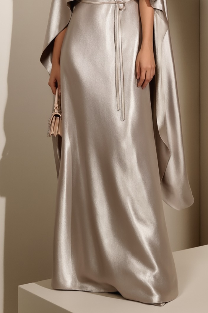 Formal Evening Dress Silver Satin One Shoulder Cape Maxi Gown