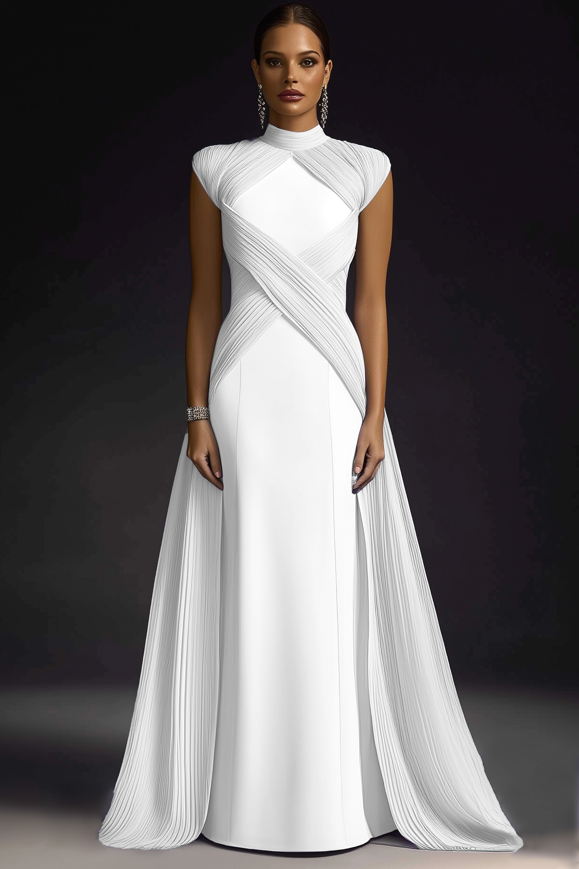 Formal Evening Dress Purple Stand Collar Pleated Train Maxi Gown