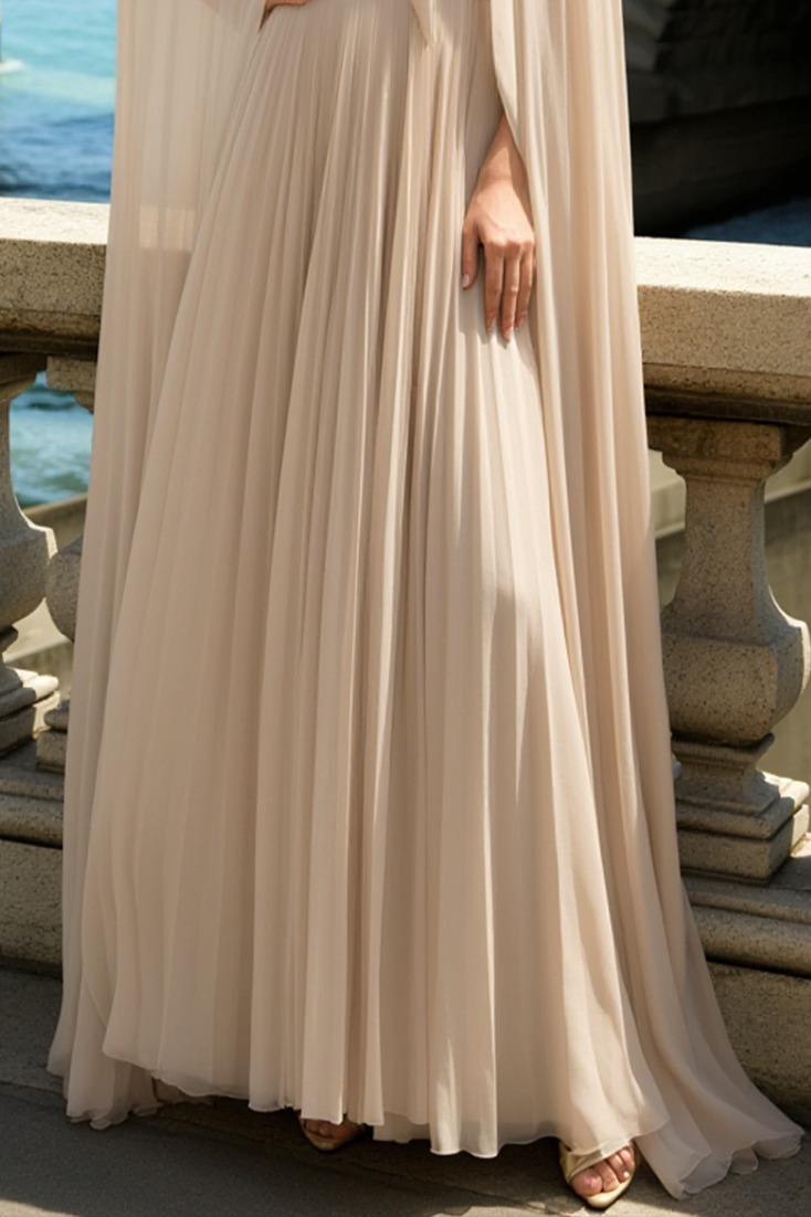 Evening Formal Dress Beige Chiffon Sleeveless Maxi Dress with Cape