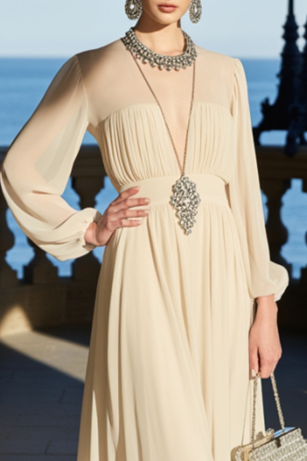 Formal Evening Dress Beige Chiffon Long Sleeve Deep V Maxi Dress