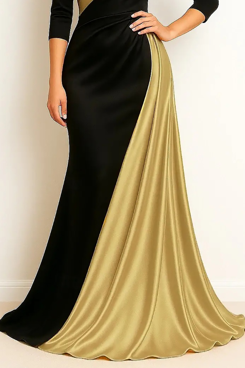 Formal Evening Dress Black & Gold 3/4 Sleeve Ruched Maxi Gown