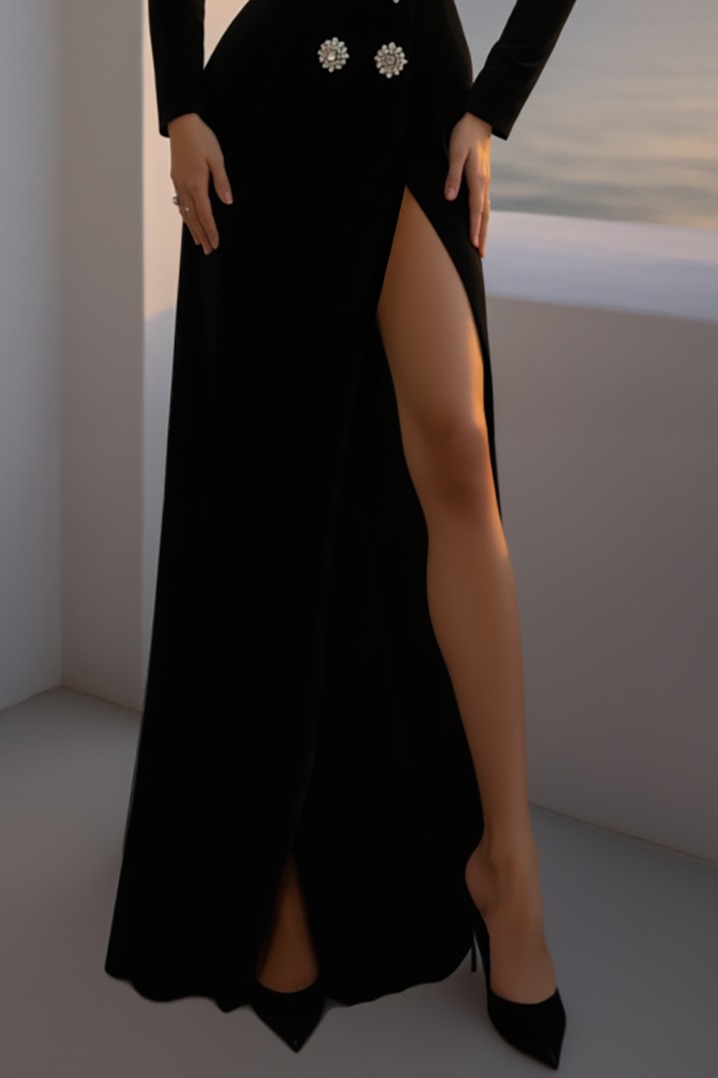 Evening Dress Black Deep V Long Sleeve Lapel High Slit Maxi Dress