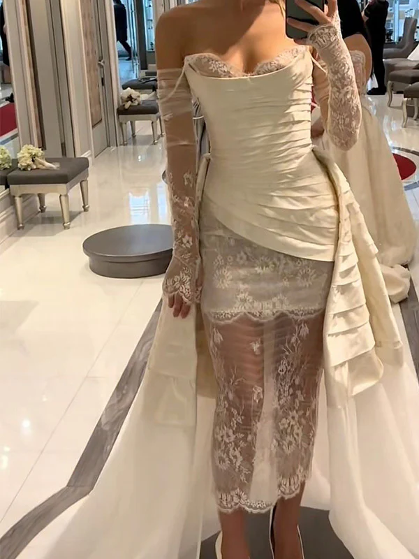 Women White Lace Strapless A-Line Mini Dress with Bow Waist