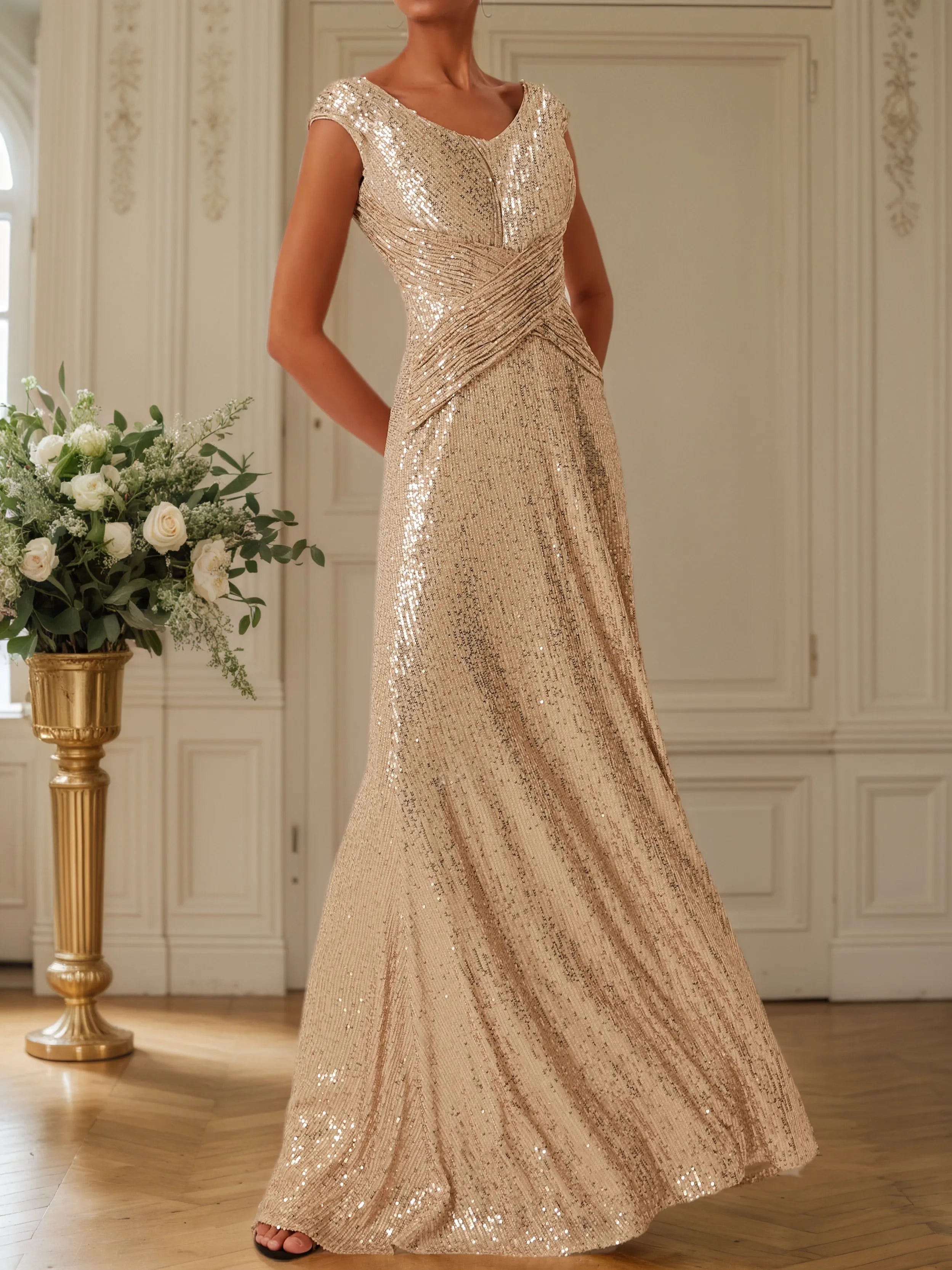 Golden Champagne Sequin Sleeveless Long A-line Gown Dress