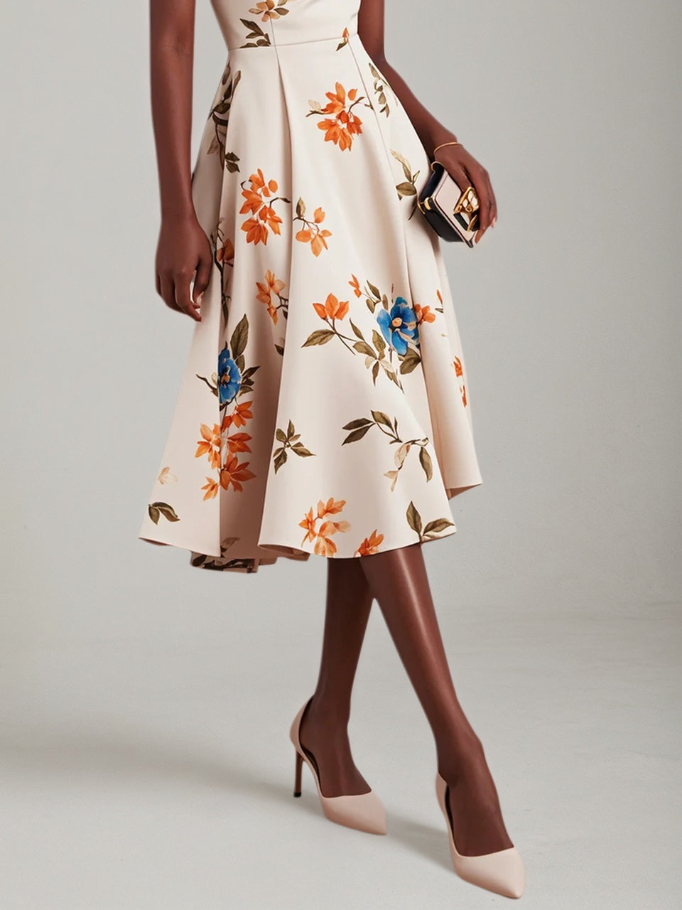 Beige Classic V Neck Floral Sleeveless A-Line Midi Dress