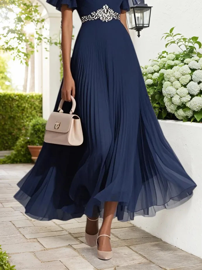 Purplish blue Pleated Rhinestone Chiffon V Neck Short Sleeve A-Line Maxi Dress