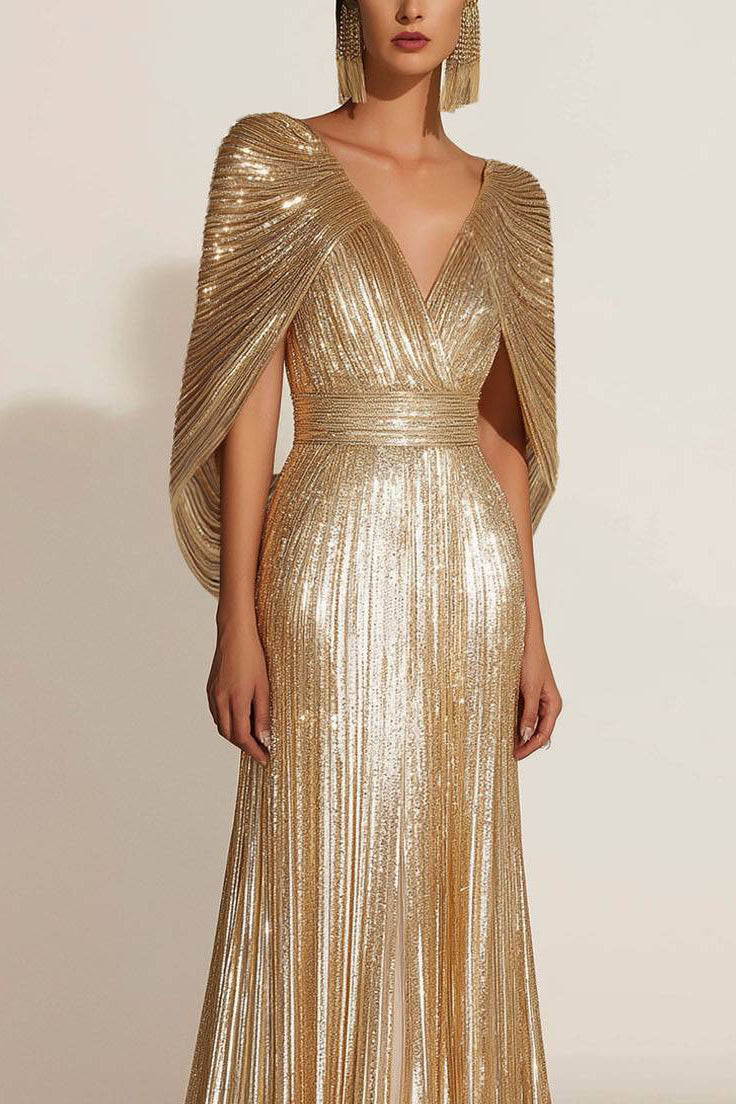 Formal Evening Fringe Dress Gold Cape V-neck Floor-length Gown
