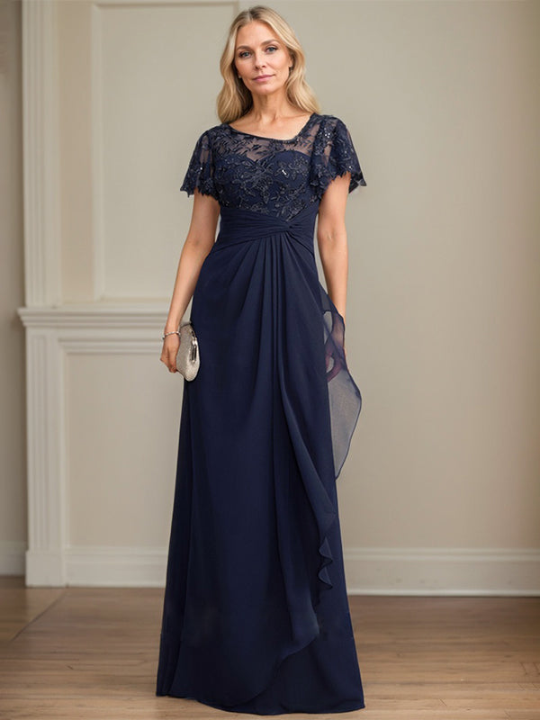 A-line Asymmetrical Illusion Floor-Length Lace Chiffon Mother of the Bride Dress With Cascading Ruffles Sequins