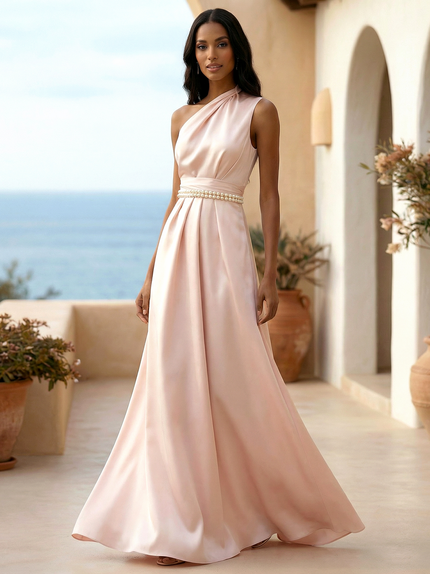Pink Pearl Satin One Shoulder Sleeveless A-Line Gown Dress