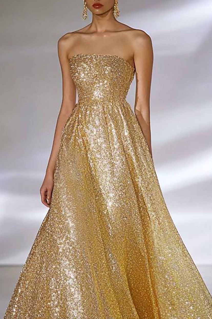 Formal Evening Dress Sequin Strapless Gold Ball Gown Maxi Dress