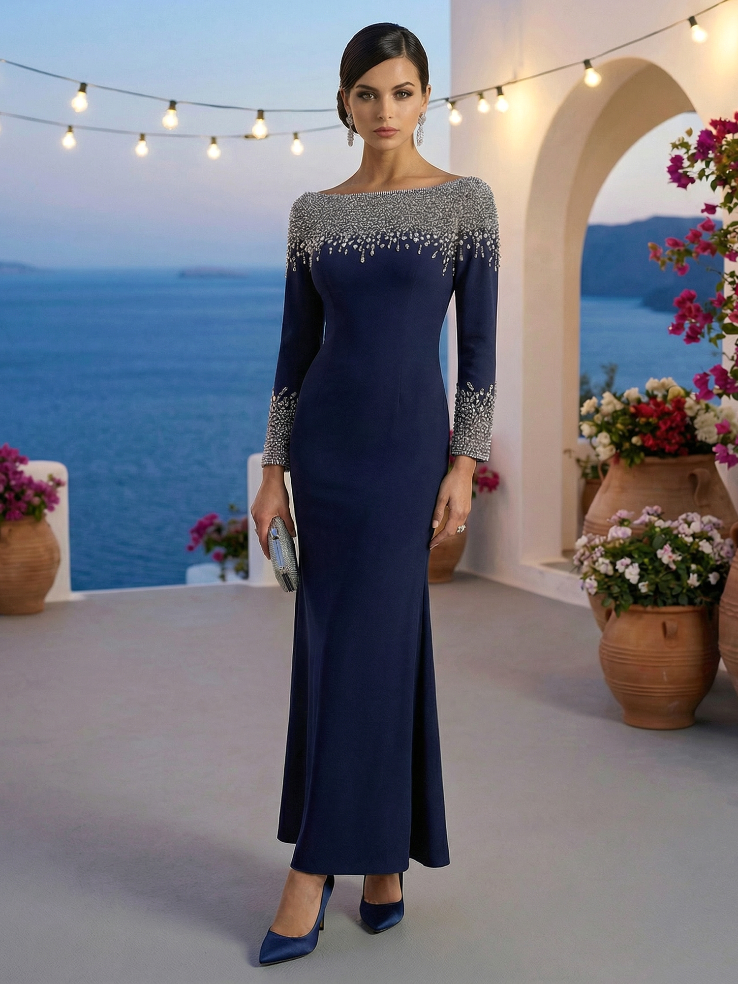 Elegant Dress Navy Boat Neck Rhinestone Maxi Dress Mother of the Bride Dress