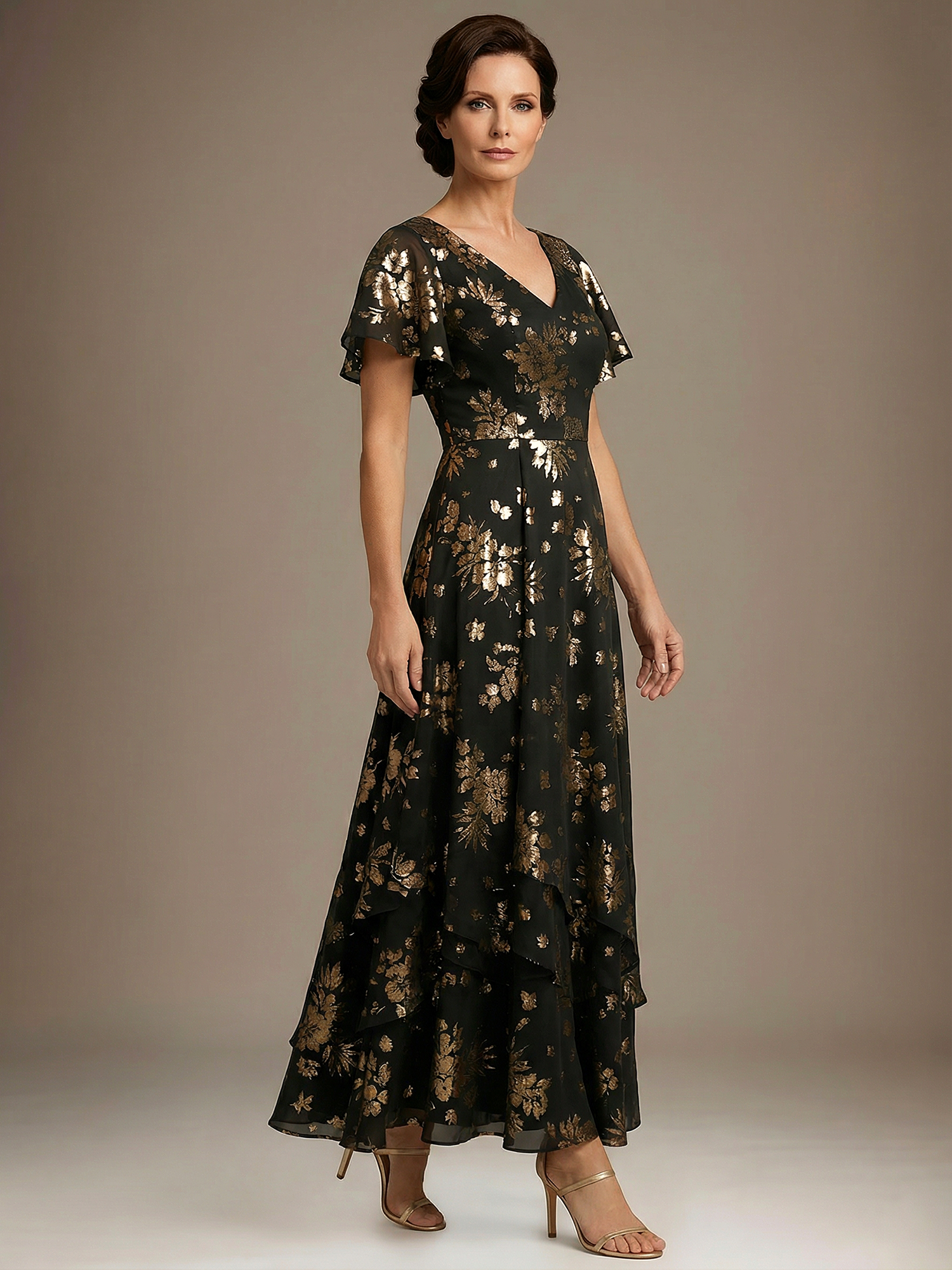 Black Floral Foil Chiffon V-Neck Mother of the Bride Gown