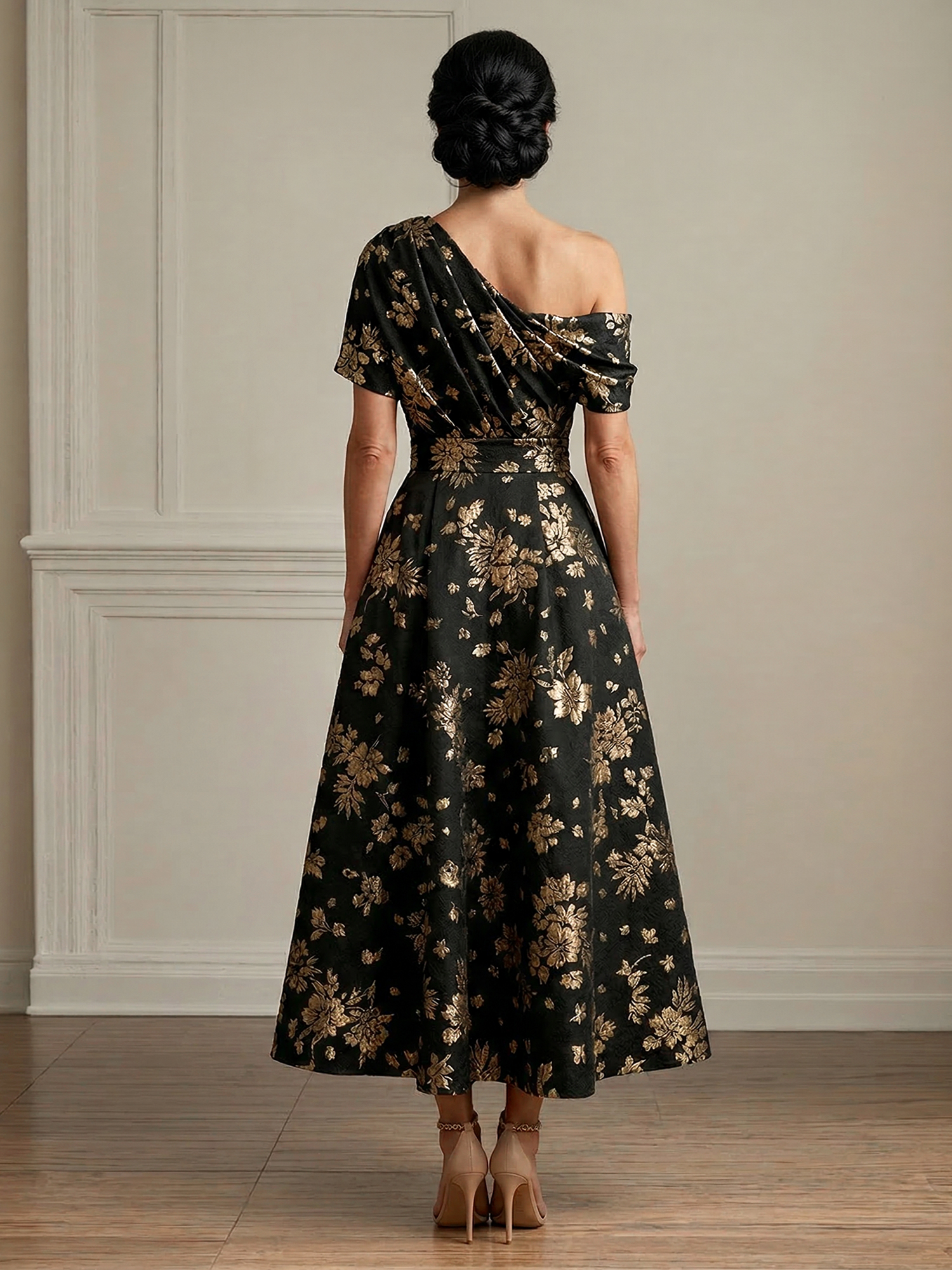 Black Floral Asymmetrical Neck A-Line Mother of the Bride Gown