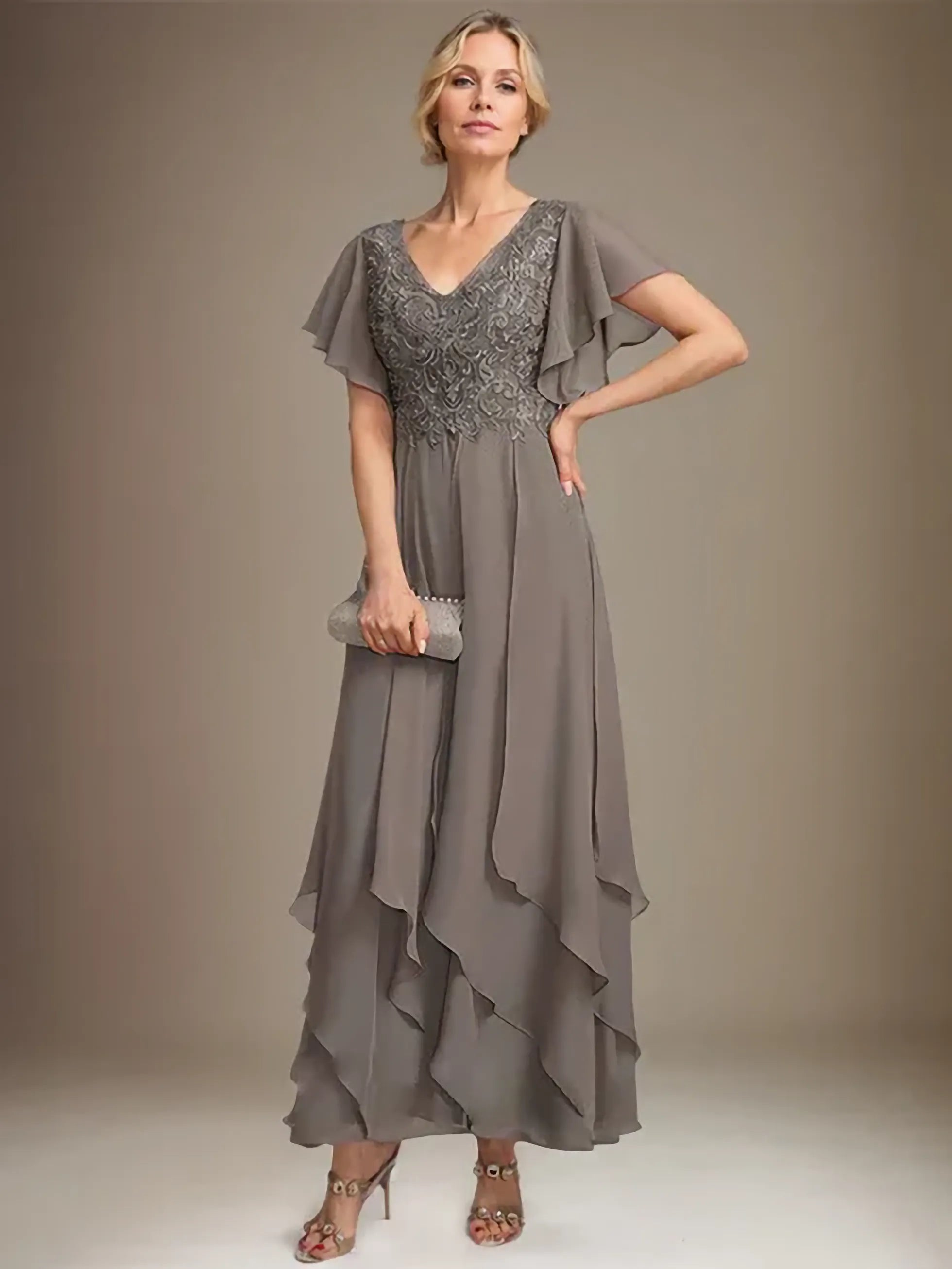 A-line V-Neck Ankle-Length Lace Chiffon Mother of the Bride Dress With Cascading Ruffles