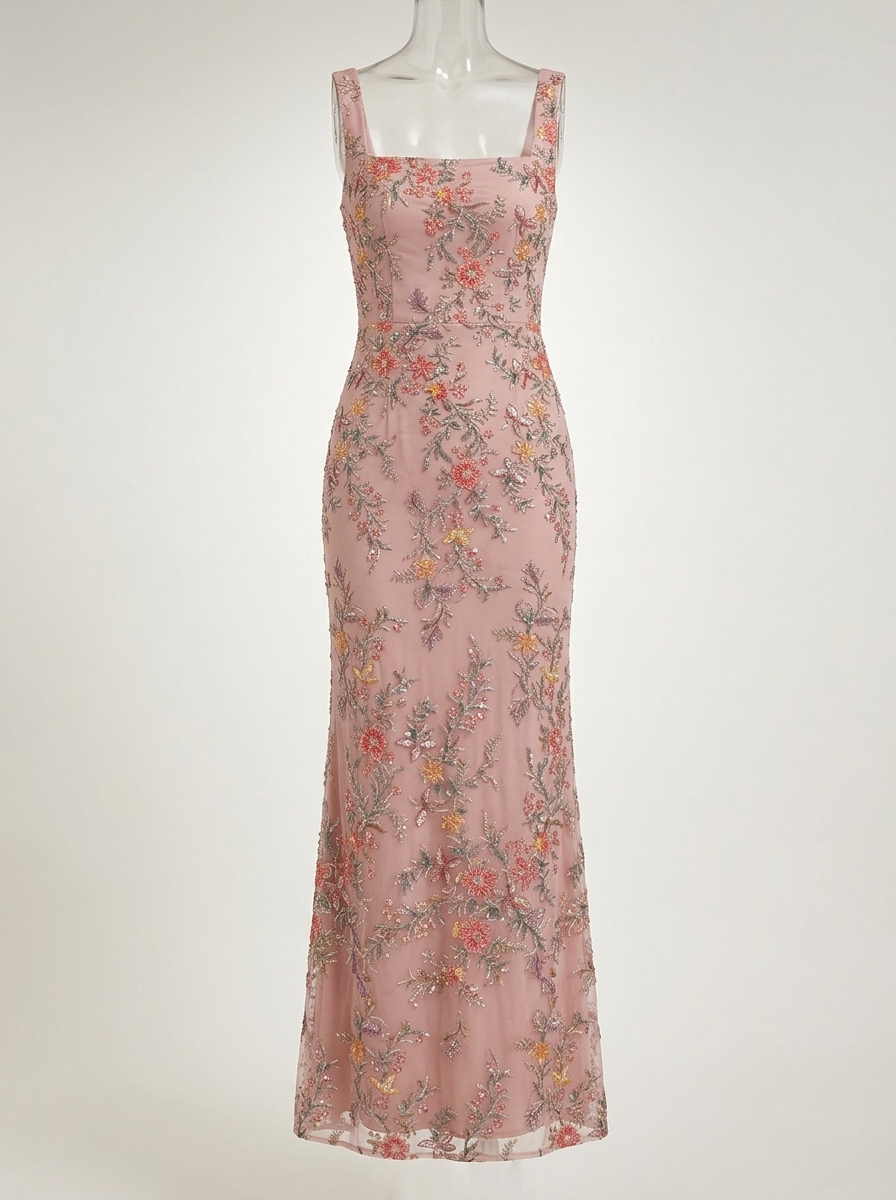 Blush Pink Floral Beaded Mermaid Formal Dress With Sheer Chiffon Cape