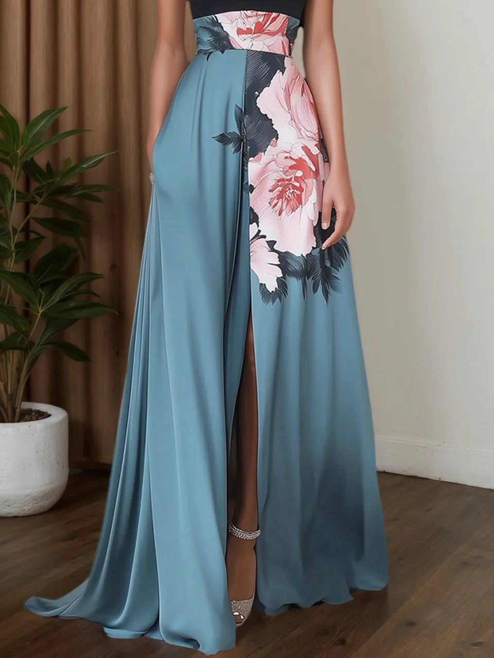 Black Slit Floral Satin Halter Sleeveless A-Line Maxi Dress