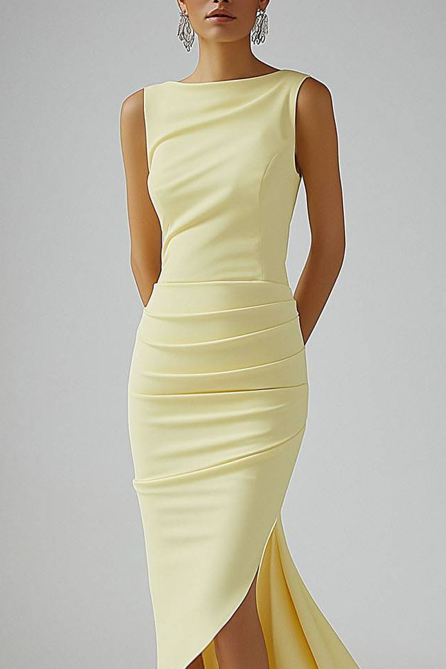 Cocktail Party Dress Light Yellow Sleeveless Ruched Asymmetrical Midi Dress
