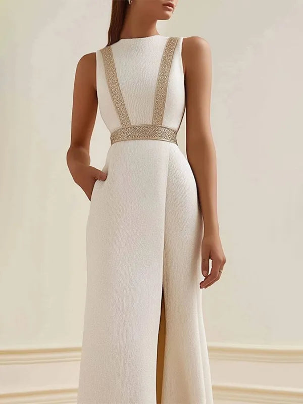 Semi-Formal Party Dress Beige Sleeveless Pocketed Side Slit Maxi Dress