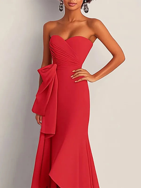 Formal Dress Red Strapless Pleated Waist Draped Floor-Length Gown