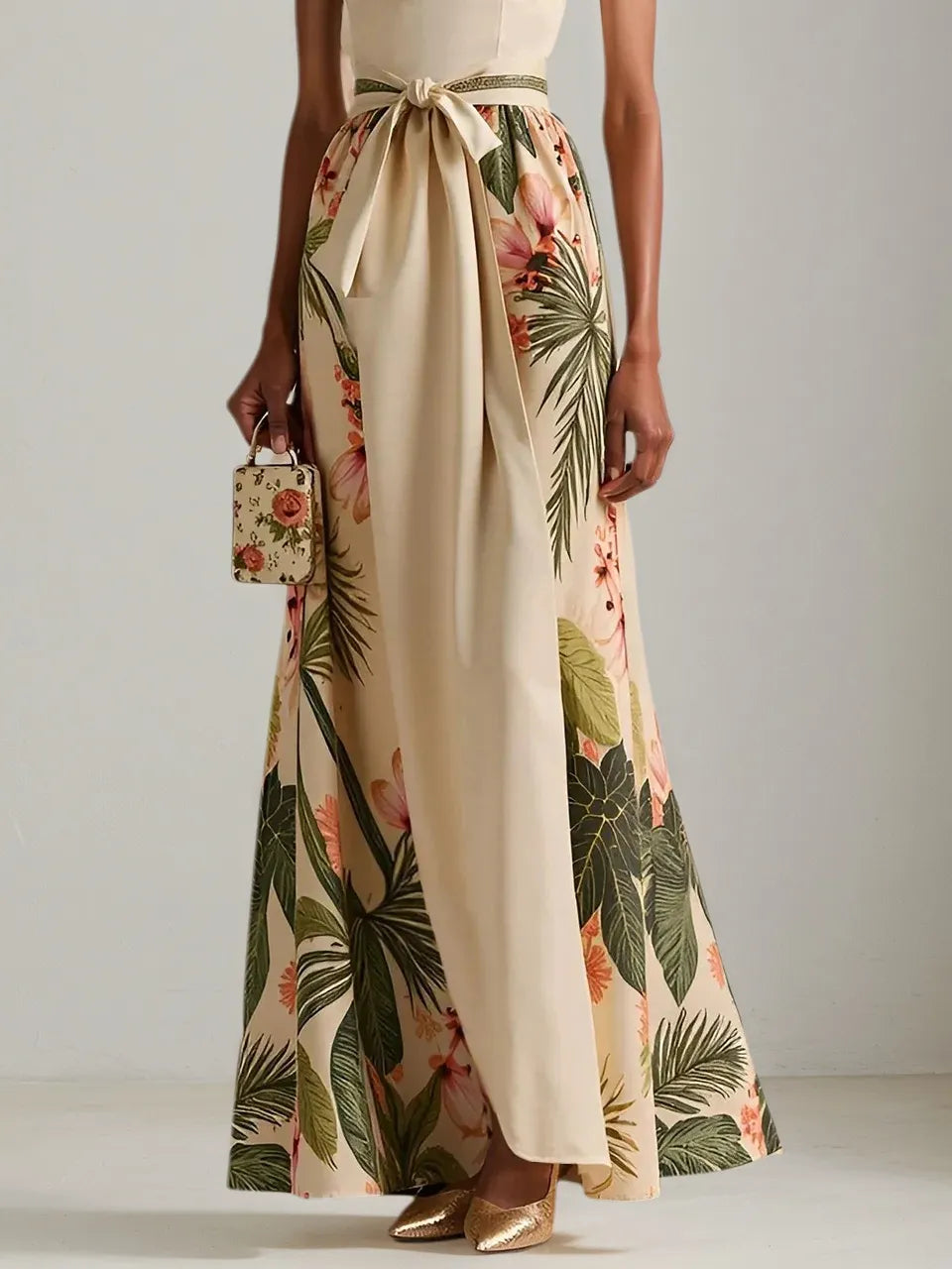 Beige Bow Classic Halter Floral Sleeveless A-Line Maxi Dress