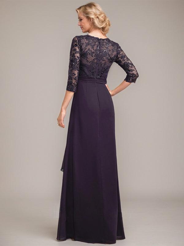 A-line V-Neck Floor-Length Lace Chiffon Mother of the Bride Dress With Cascading Ruffles Sequins
