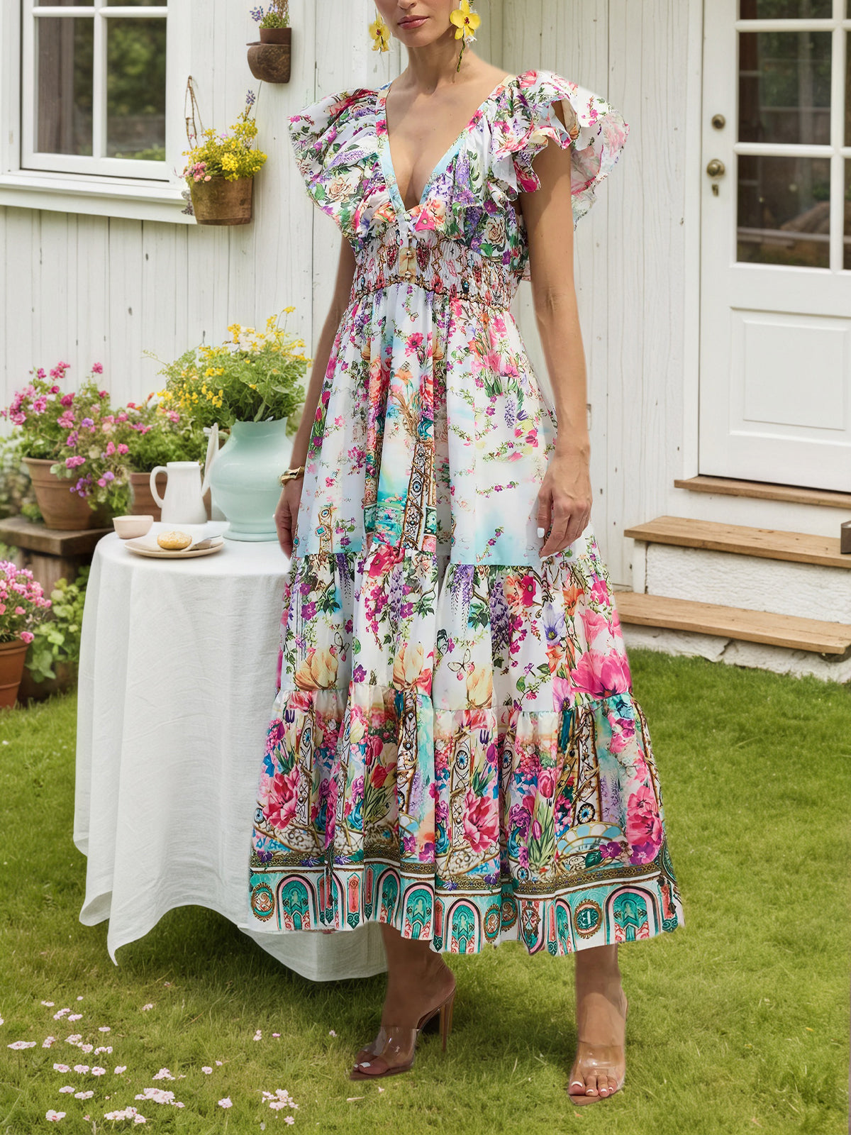 Multi Lorena Floral Print Ruffle Maxi Dress