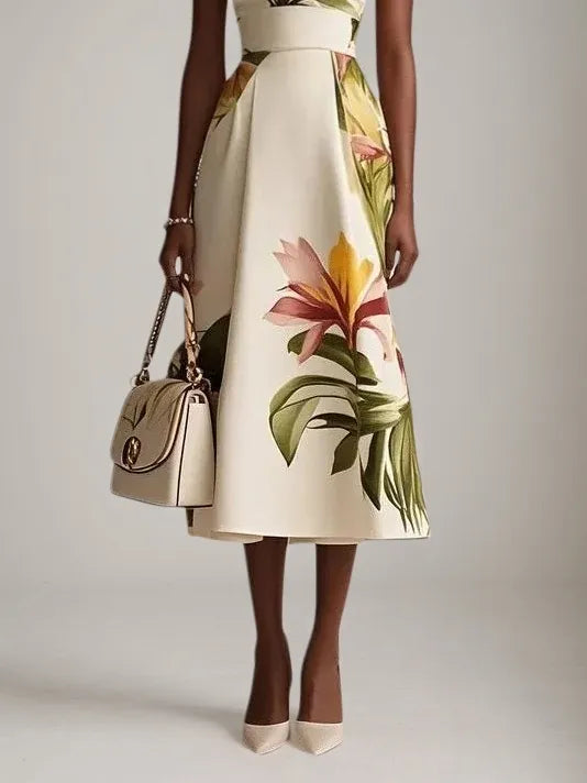 Beige Floral Boat Neck Sleeveless A-Line Midi Dress