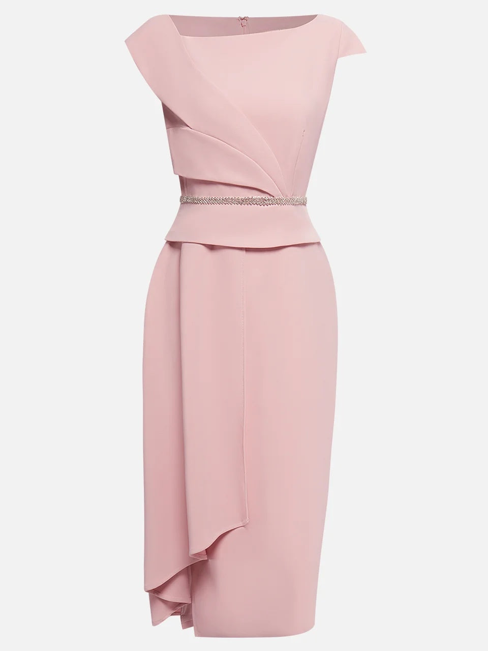 Pink Asymmetrical Neck Cap Sleeve Rhinestone A-Line Midi Dress