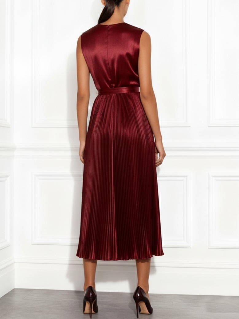 Wine Red 3D Floral Pleated Satin Deep V Neck Sleeveless A-Line Midi Dress