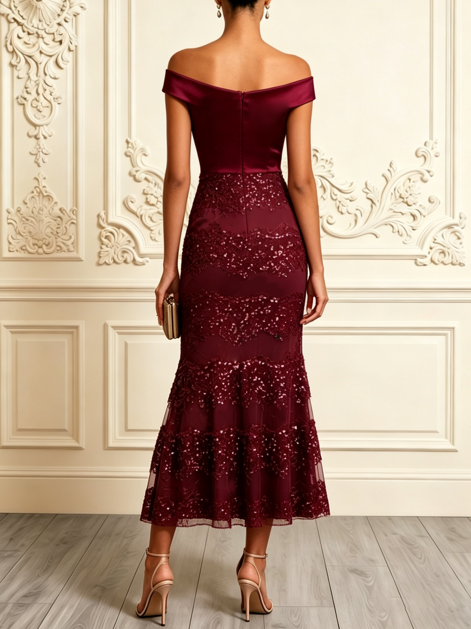 Burgundy Glitter Sequin Off The Shoulder Sleeveless Mermaid Maxi Dress