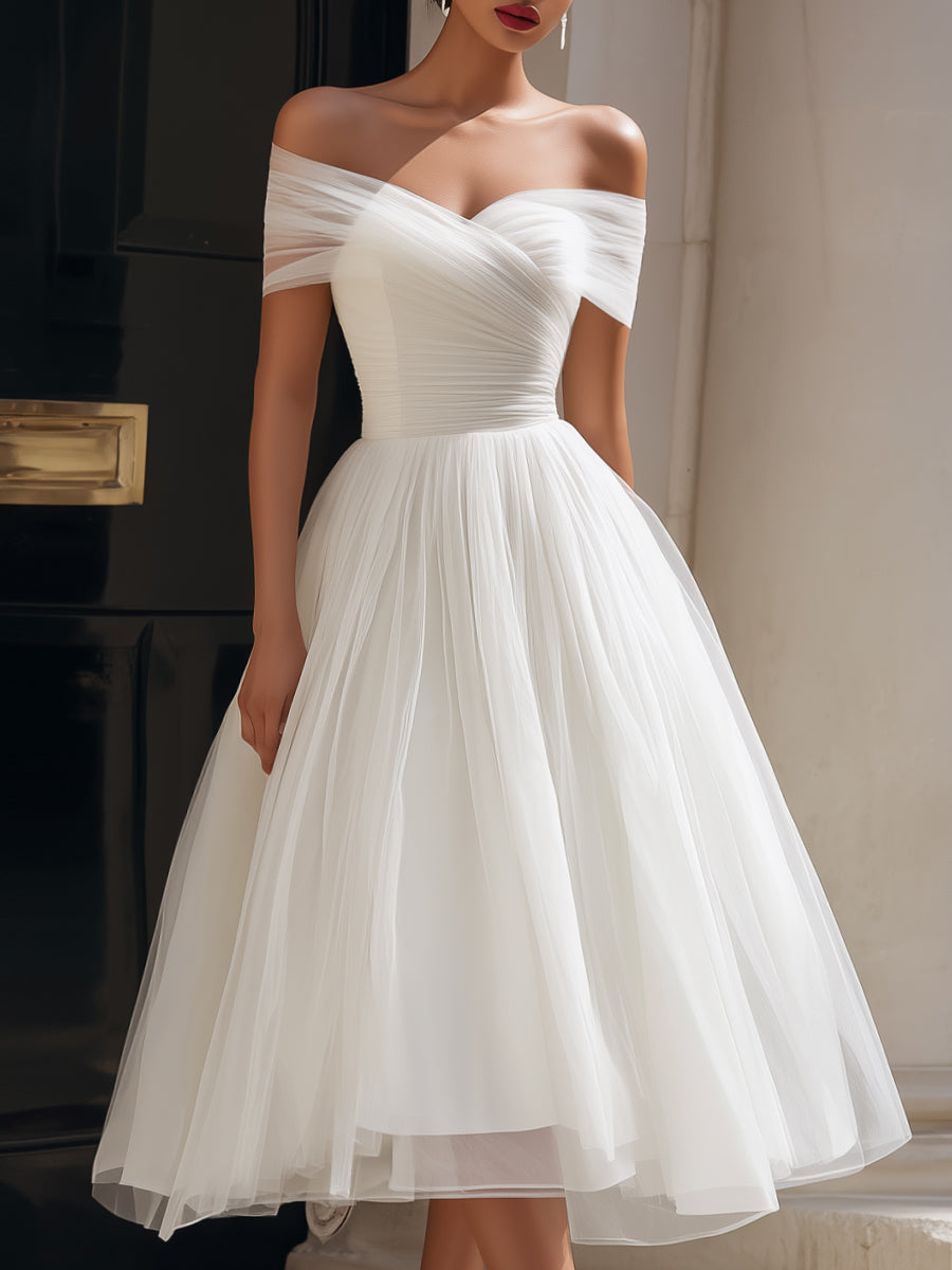 White Off-Shoulder Pleated A-Line Tulle Midi Dress