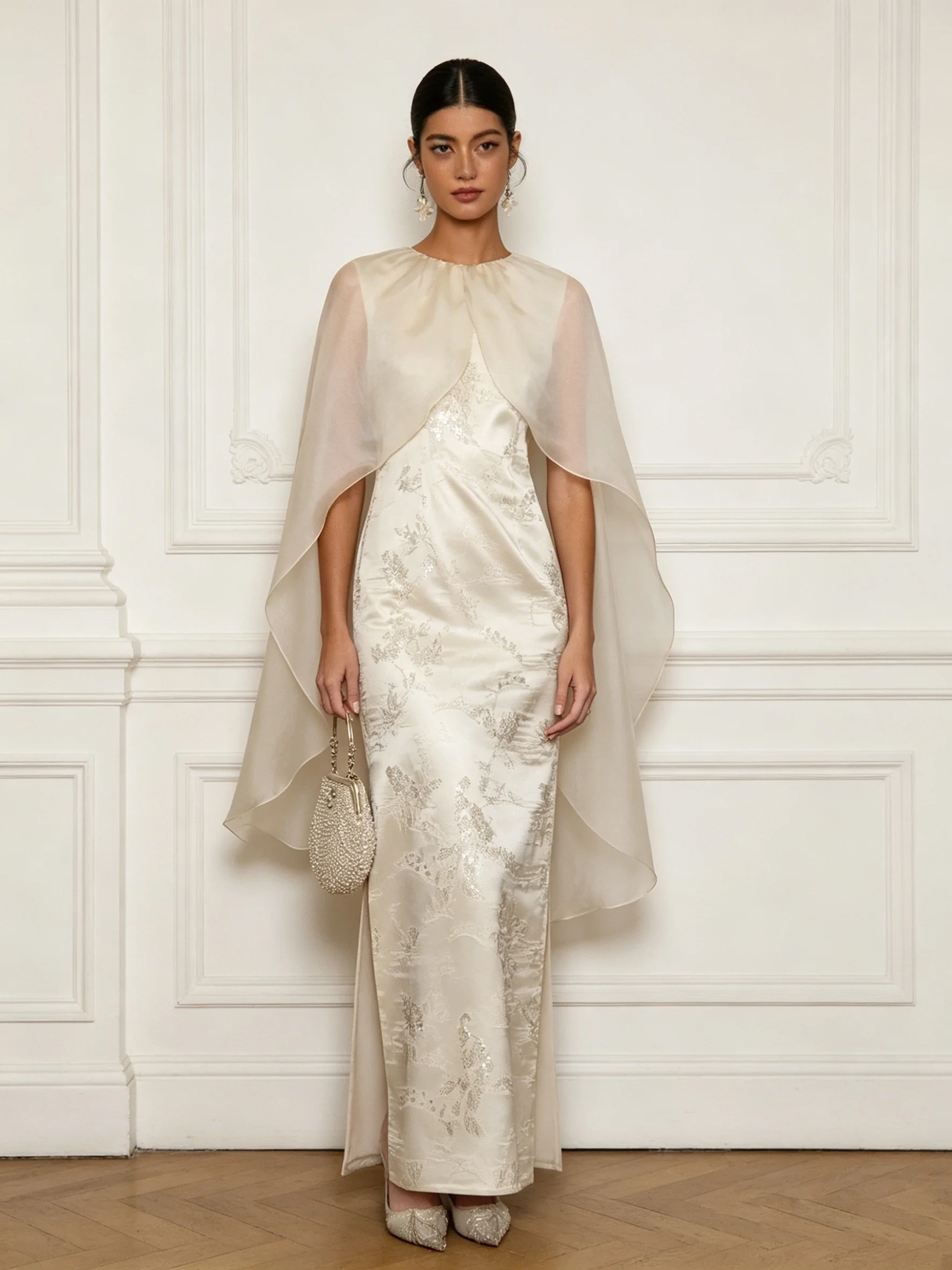 Off White Jacquard Classic Crew Neck Cap Sleeve Sheath Maxi Dress