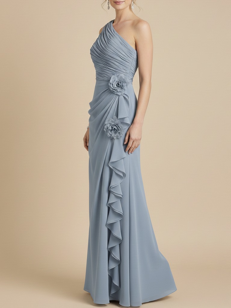 Dusty Blue Sheath Maxi Chiffon One-Shoulder Ruched Rosette Bridesmaid Dress