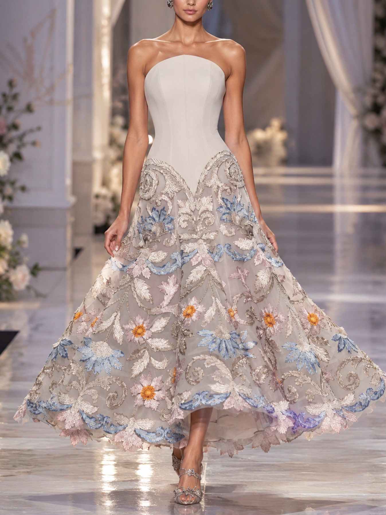 Ivory Strapless Tea Length Gown with Multicolor 3D Floral Embroidery