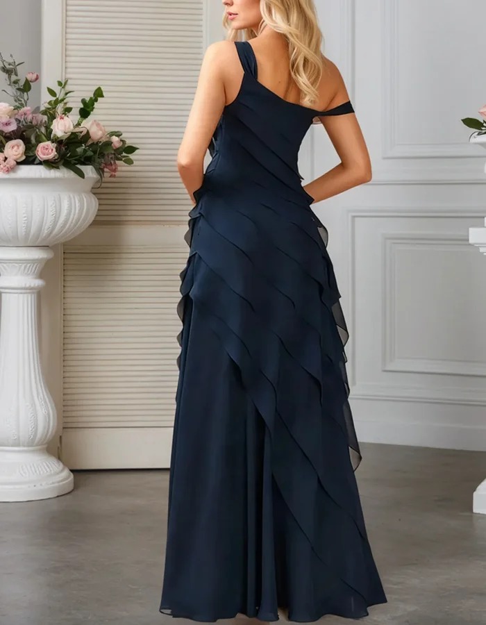 Navy One-Shoulder Ruffled Chiffon Maxi Dress