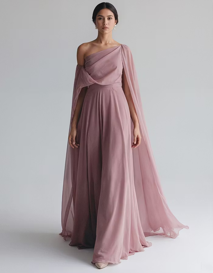 Grayish Pink Chiffon One Shoulder Maxi Dress