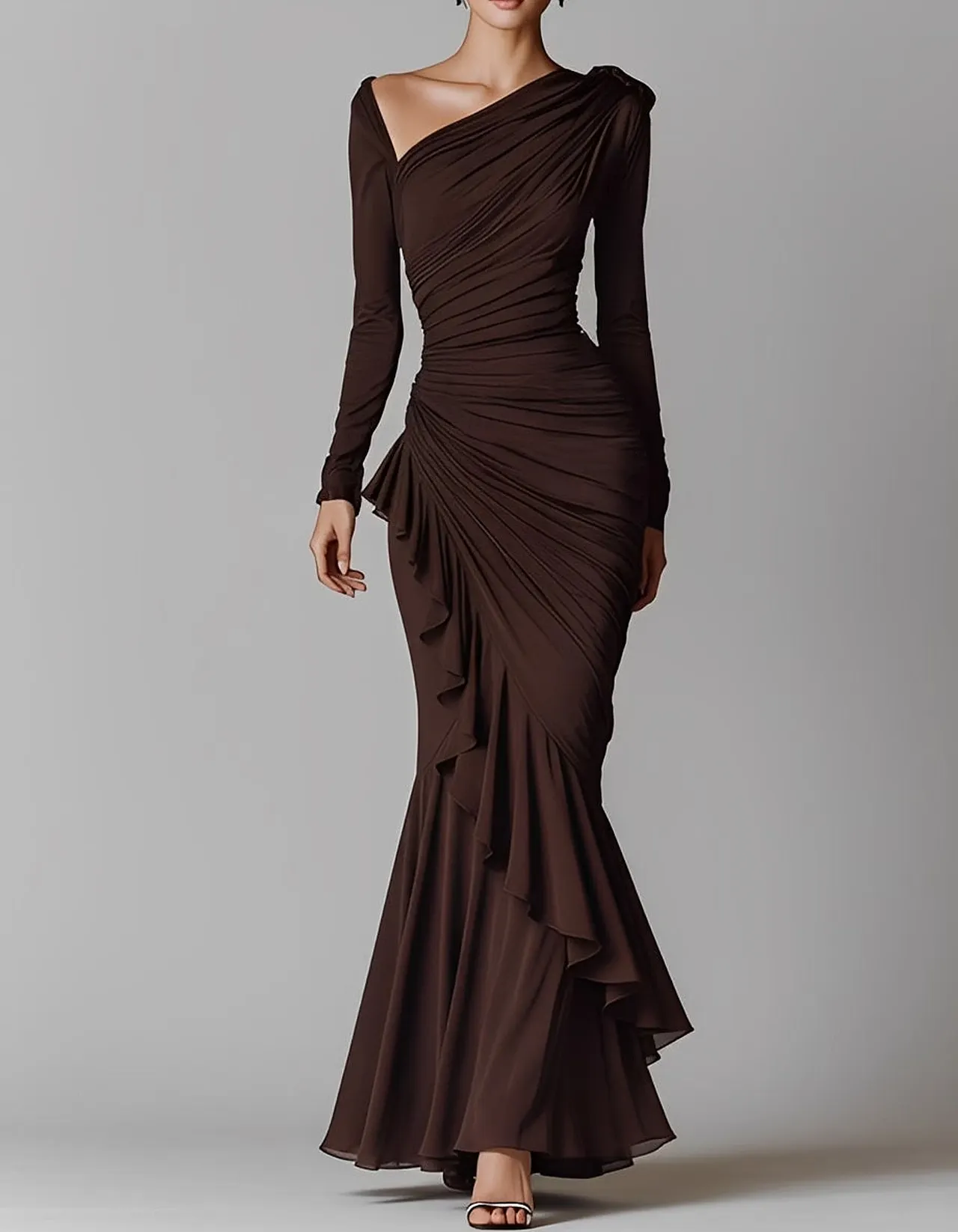 Asymmetric Long Sleeve Ruched Maxi Dress