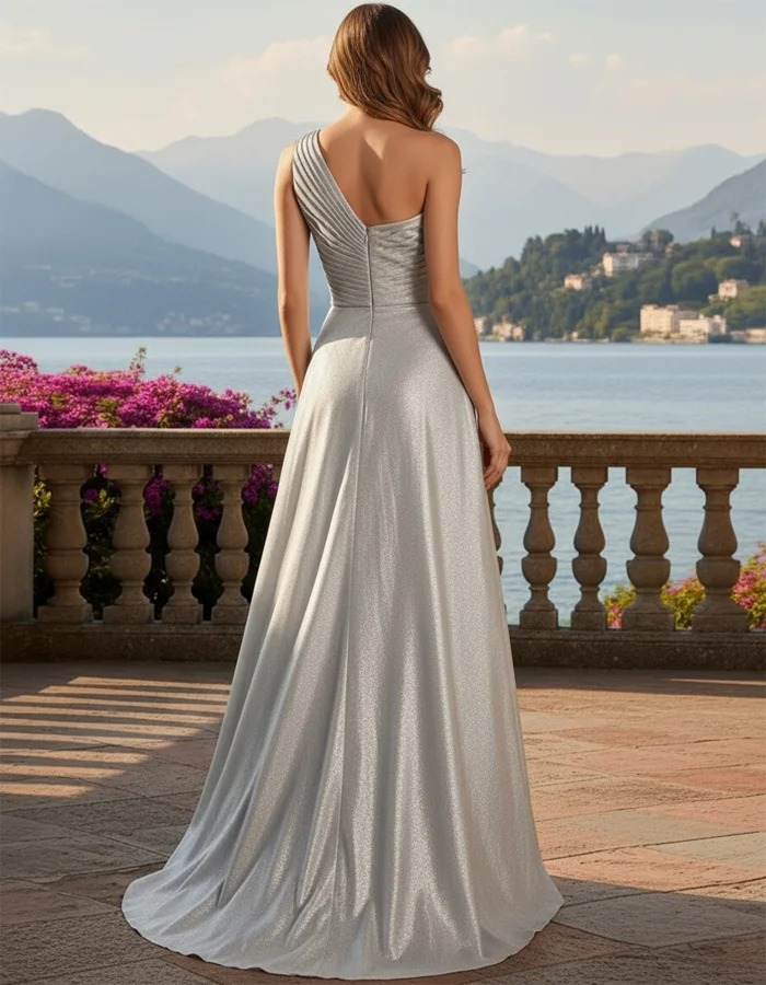 Silver One-shoulder Pleated Satin Maxi Dress With 3D Floral
