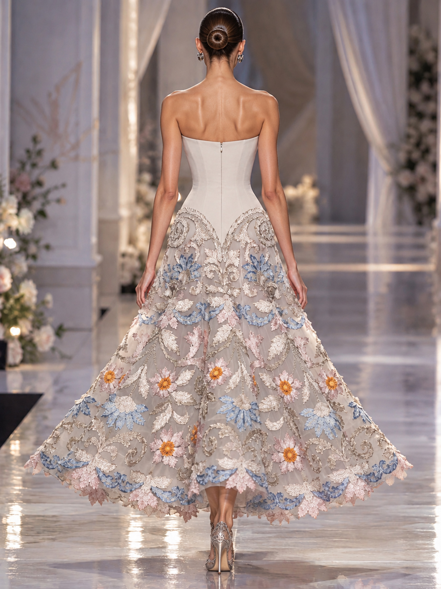 Ivory Strapless Tea Length Gown with Multicolor 3D Floral Embroidery