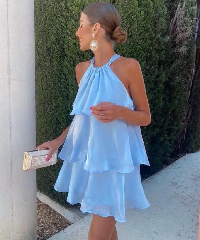 Women Light Blue Satin Halter Tiered Ruffle Mini Dress Backless Party Dress