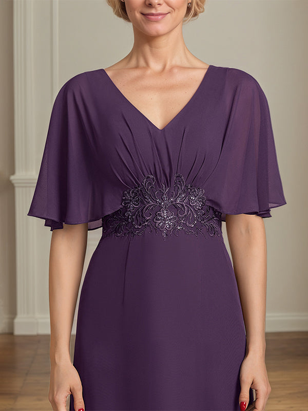 A-Line V-Neck Floor-Length Chiffon Mother of the Bride Dress With Appliques Pleated