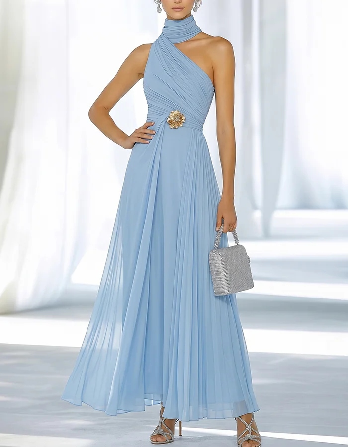 Sky Blue One-Shoulder High-Neck Ruched Chiffon Maxi Dress