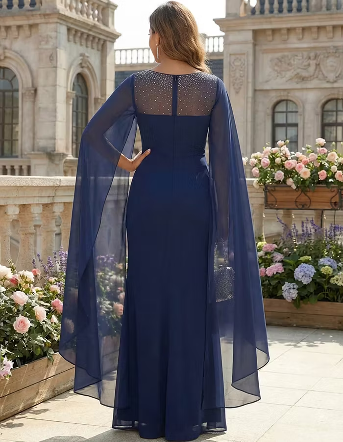Navy Blue Illusion Neck Split Cape Sleeve Side Ruched Maxi Dress