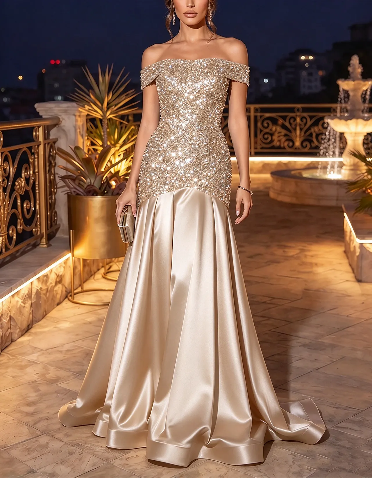 Royal Blue Off-the-Shoulder Sequin & Satin Maxi Dress