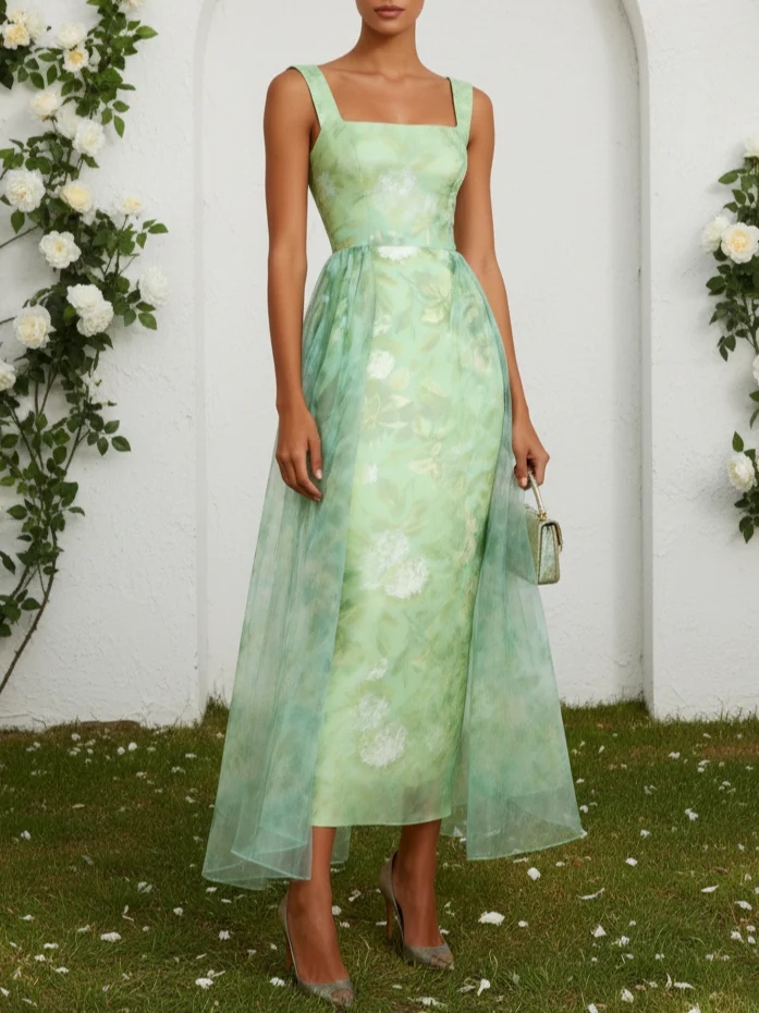 Light Green Floral Split Joint Satin Square Neck Sleeveless A-Line Maxi Dress