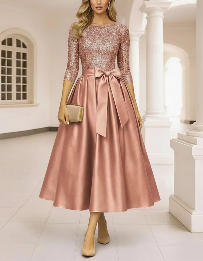 Two Tone Patchwork Three Quarter Sleeve Midi Dress