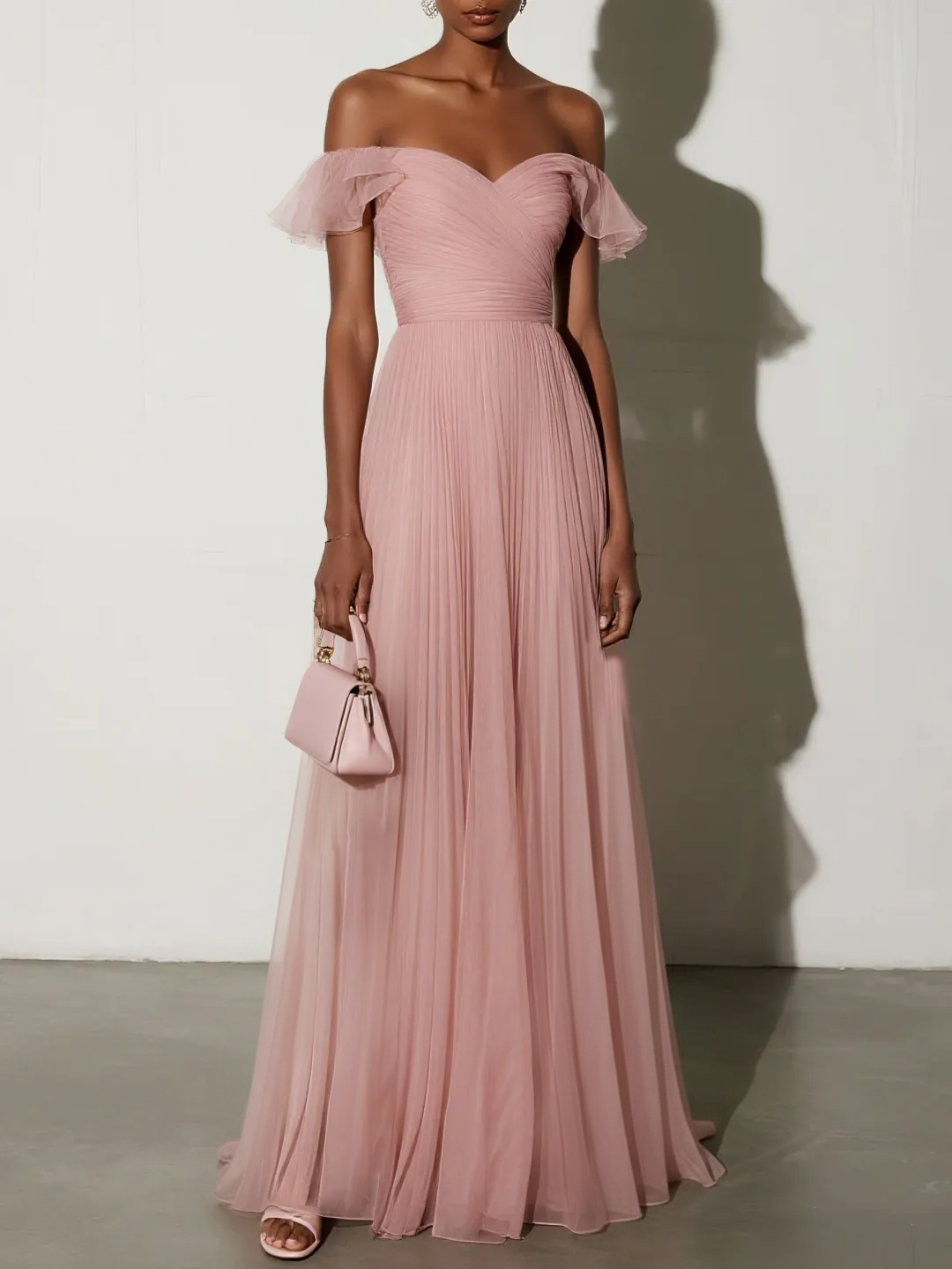 Pink Ruffled Pleated Tulle Off The Shoulder Short Sleeve A-Line Gown Dress