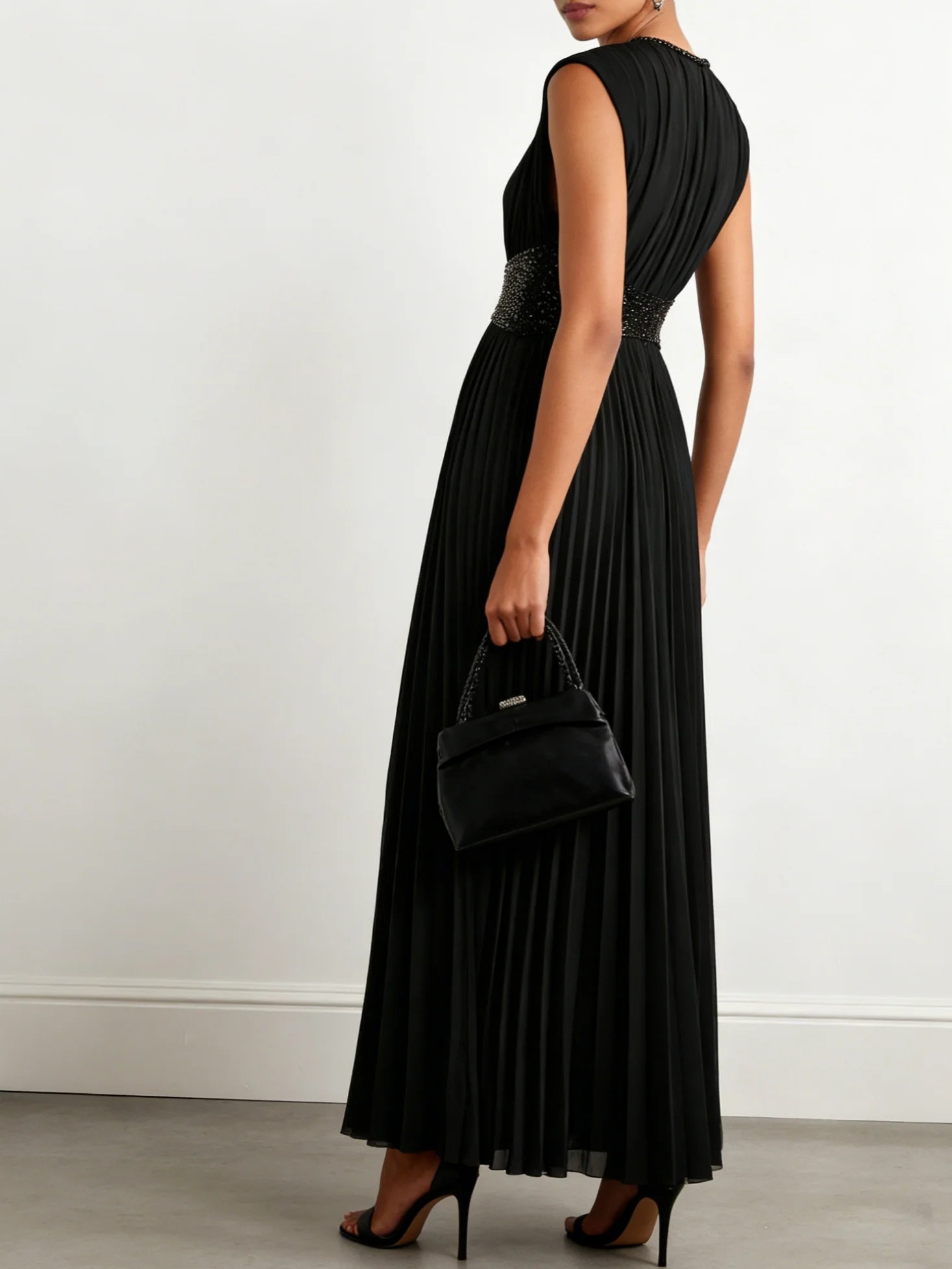 Black Ruched Knit Crew Neck Sleeveless A-Line Maxi Dress