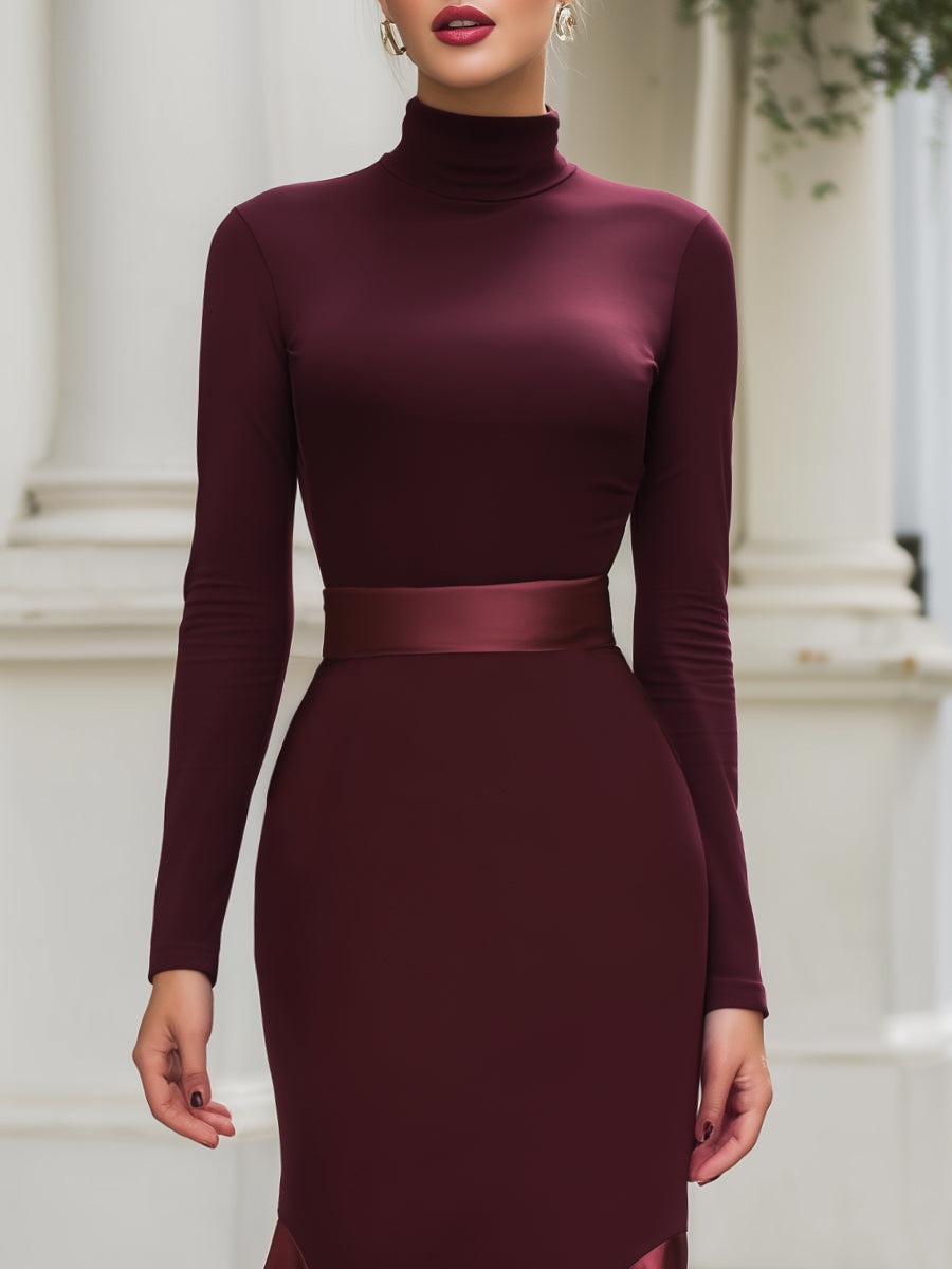 Burgundy High-Neck Satin Hem Midi Dress
