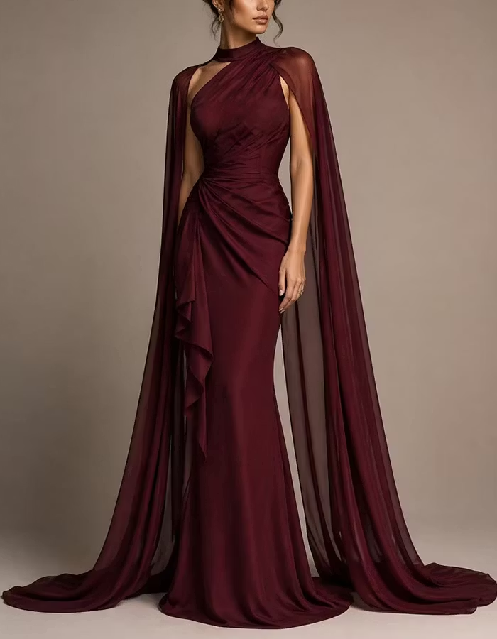 Burgundy High Neck Shawl Sleeve Chiffon Satin Maxi Dress